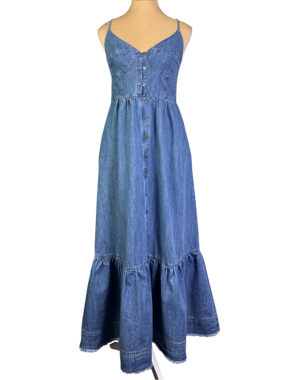 Kori Blue Denim Look Maxi Dress Smocked Back Pockets Tiered Size M
